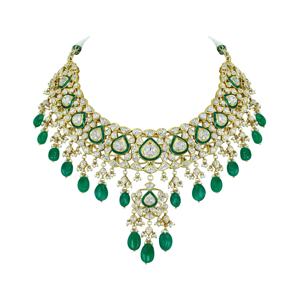 Pear Shaped Polki Choker with Emerald Drops and Cascading Design